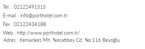 Port Hotel Tophane-i Amire telefon numaralar, faks, e-mail, posta adresi ve iletiim bilgileri